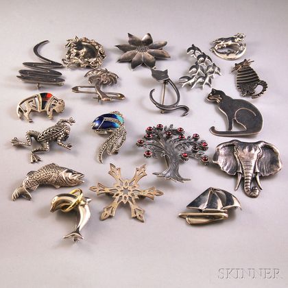 Approximately Eighteen Mostly Sterling Silver Brooches