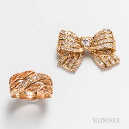 18kt Gold and Diamond Bow Brooch and a 14kt Gold and Diamond Ring