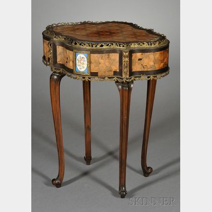 Louis XV/XVI Style Brass and Porcelain Mounted Tulipwood Parquetry Jardiniere Table