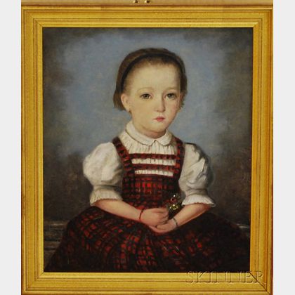 American School, 19th Century Portrait of a Girl in a Red Plaid Dress Holding a Flower Sprig.