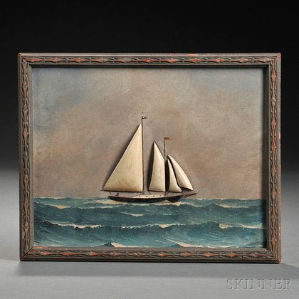 Painted and Carved Wood Diorama of a Sailing Vessel