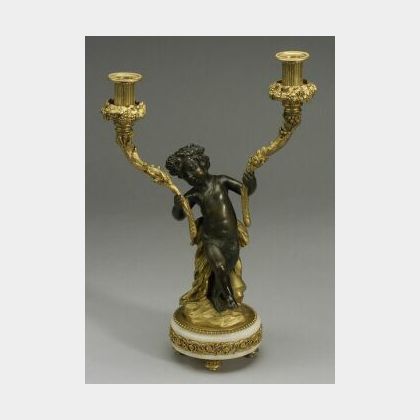 Louis XVI-style Parcel Gilt Bronze Figural Two Light Candelabrum
