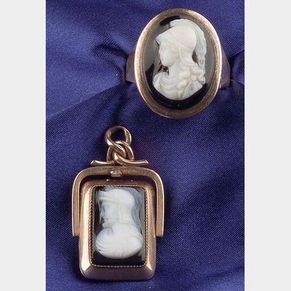 14kt Gold and Hardstone Cameo Ring and Reversible Pendant/Locket