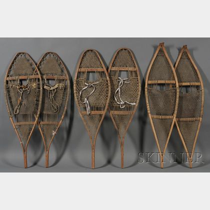 Three Pairs of Wood and Hide Snowshoes