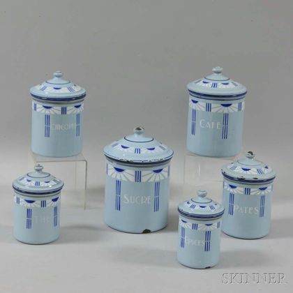 Set of Six Graduated French Enameled Metal Cannisters