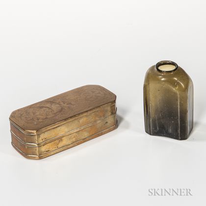 Brass Tobacco Box and Blown Glass Snuff Bottle