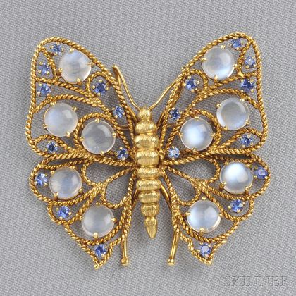 18kt Gold, Moonstone, and Sapphire Butterfly Brooch