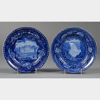 Two Historical Blue Transfer-decorated Staffordshire Dinner Plates