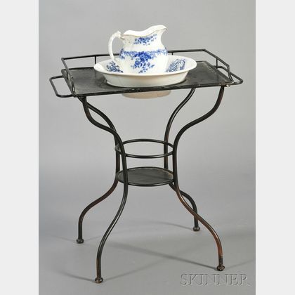 Continental Black-painted Tin Washstand and an Associated Wash Basin and Pitcher