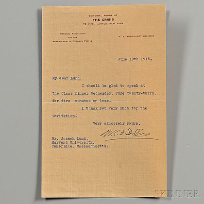 Du Bois, William Edward Burghardt (1868-1963) Typed Letter Signed, 19 June 1915.