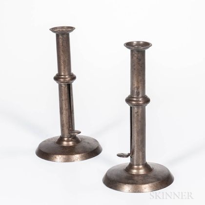 Two Iron-banded Iron Hogscraper Candlesticks