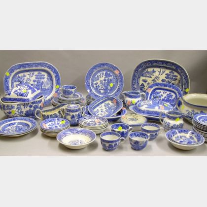 Approximately Seventy-one Assembled Pieces of Mostly English Blue Willow Pattern Tableware