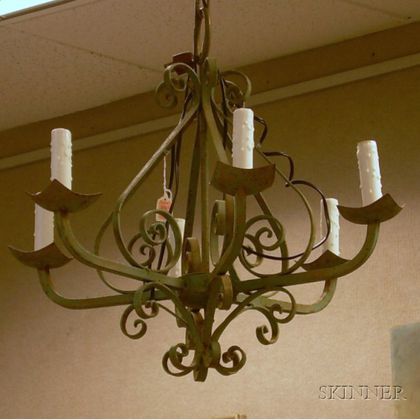 Green Painted Wrought Iron Six-light Chandelier. 