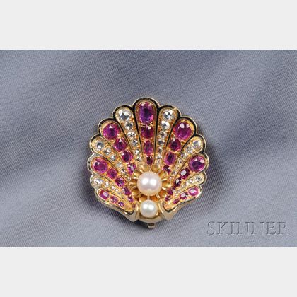 Antique Ruby and Diamond Shell Brooch