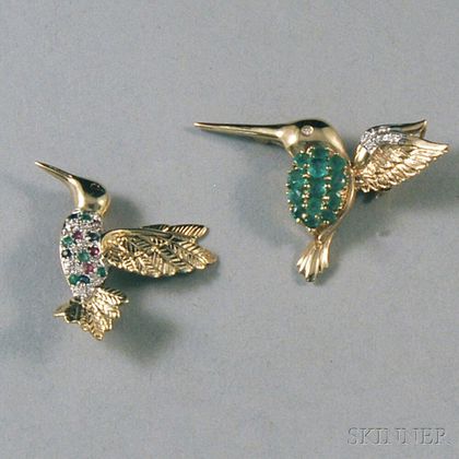 Two 14kt Gold Gem-set Hummingbird Brooches