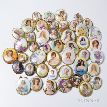 Large Group of Enameled Portrait Brooches. Estimate $200-300