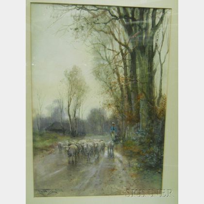 British School, 19th/20th Century Shepherdess with her Flock on a Country Road