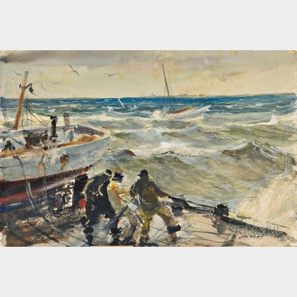 John Whorf (American, 1903-1959) Fishermen Hauling Lines on a Dock
