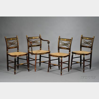 Set of Eight Grain Painted and Stencil Decorated Fancy Chairs with Woven Rush Seats