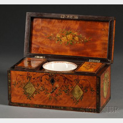 Edwardian Paint-decorated Regency Satinwood and Inlay Tea Caddy