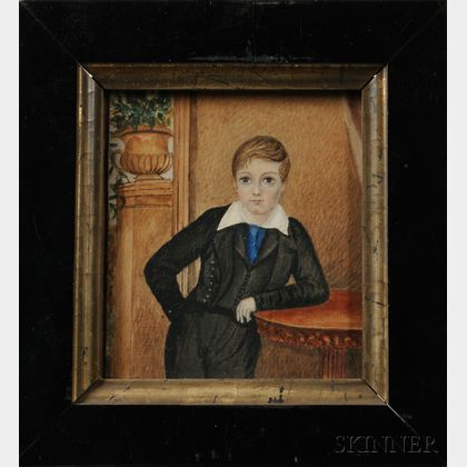 American School, Mid-19th Century Three-quarter Length Portrait Miniature of a Boy in a Black Suit