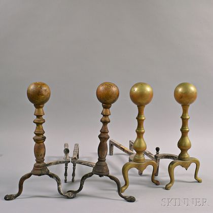 Two Pairs of Brass Ball-top Andirons