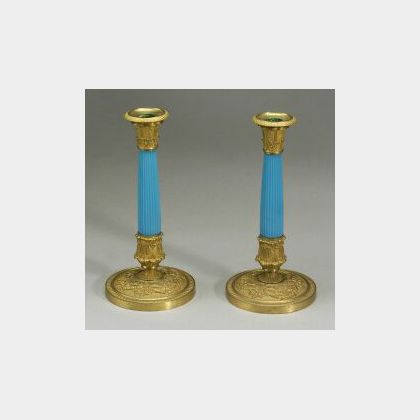 Pair of French Empire Revival Ormolu and Blue Opaline Glass Candlesticks