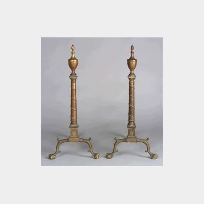 Pair Federal Brass and Iron Andirons