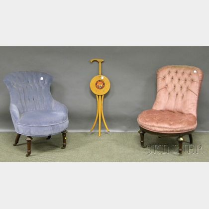 Two Victorian Upholstered Walnut Slipper Chairs and a 1939 New York Worlds Fair Walking Chair. 