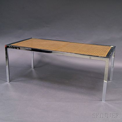 Milo Baughman Glass-top Hardwood and Steel Desk Table