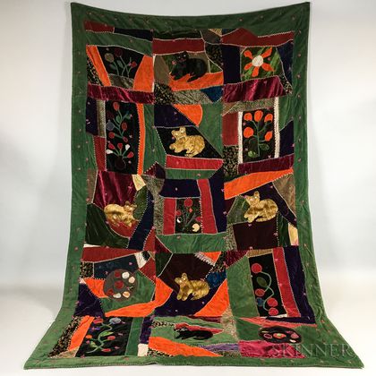 Velvet Crazy Quilt with Cats and Flowers