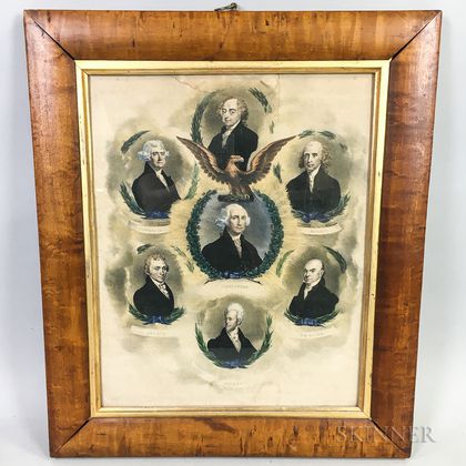 Framed R. Cooke Hand-colored Lithograph of Seven Presidents