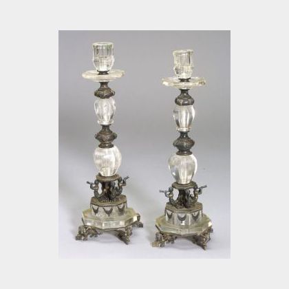 Pair of Continental Renaissance Revival Silver and Rock Crystal Candlesticks