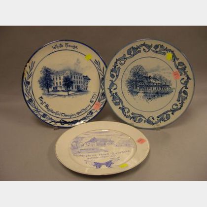 Two Volkmar Pottery Commemorative George Washington Plaques and a Blue and White Transfer Decorated Washington Ironstone Plate