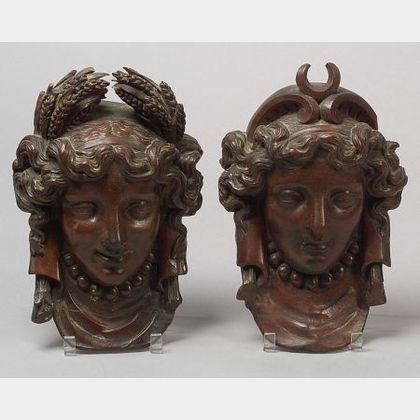 Pair of Carved Mahogany Wall Plaques of Artemis and Demeter