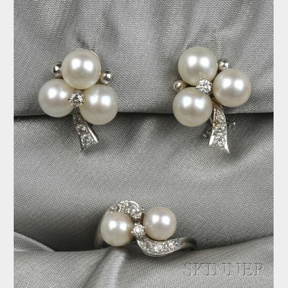 14kt White Gold, Cultured Pearl, and Diamond Earclips and Ring