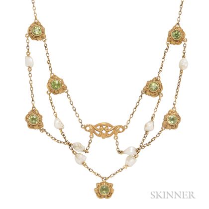 Art Nouveau 14kt Gold, Peridot, and Freshwater Pearl Necklace