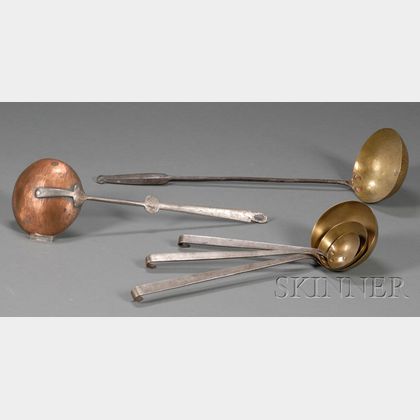 Five Brass or Copper, and Wrought Iron Ladles