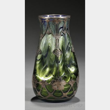 Art Nouveau Silver Overlay Iridescent Glass Vase