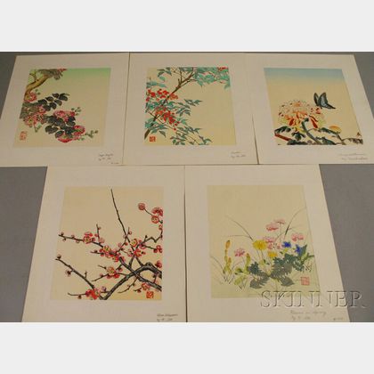 Five Unframed Japanese Botanical Woodcuts: Attributed to Nisaburo Ito (Japanese, 1910-1988): Crepe Myrtle, Nandin, Plum Blossoms