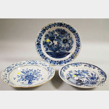 Three Dutch Delft Blue and White Floral-decorated Chargers