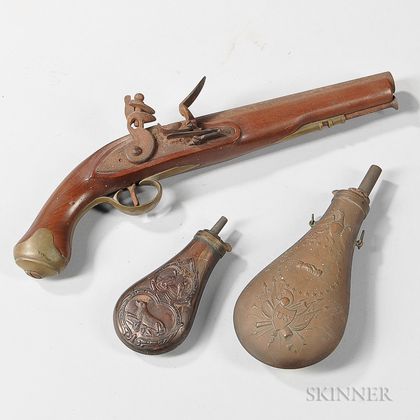 Reproduction British Flintlock Pistol and Two Powder Flasks
