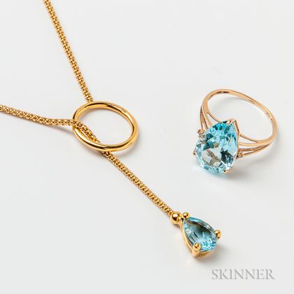 18kt Gold and Aquamarine Necklace and 10kt Gold Ring