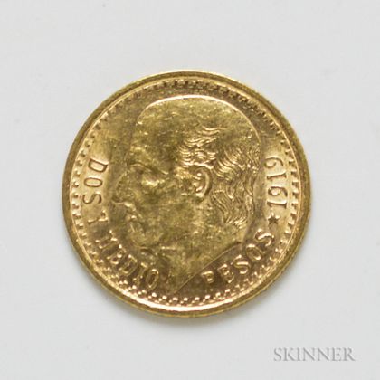 1919 Mexican 2 1/2 Peso Gold Coin. Estimate $100-150