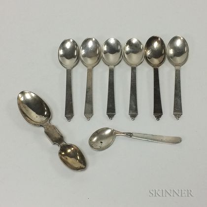 Six Georg Jensen Sterling Silver Teaspoons, an .800 Silver Invalid Spoon, and a Medicine Spoon