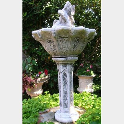 Two Painted Cast Stone Garden Urns and a Two-part Figural Fountain. 