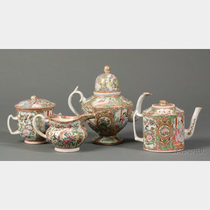 Two Rose Medallion Porcelain Tea Pots, Creamer, and Covered Sugar Bowl