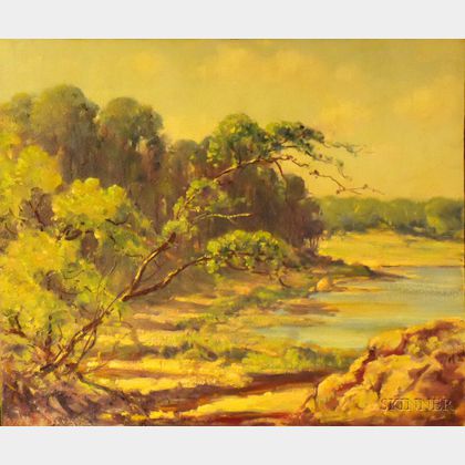 Unframed Oil on Artist Board, Landscape with Pond, by Frederick Mortimer Lamb (American, 1861-1936)