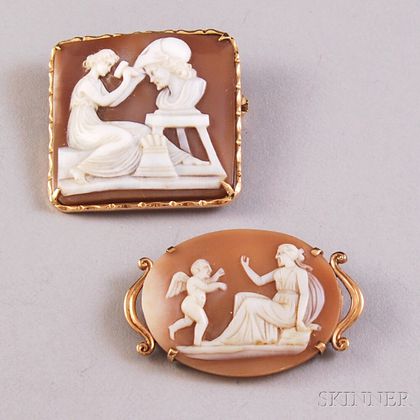 Two Gold-framed Shell-carved Cameo Brooches