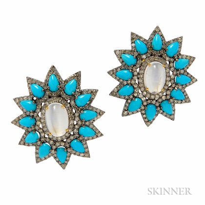 Moonstone, Turquoise, and Diamond Earrings